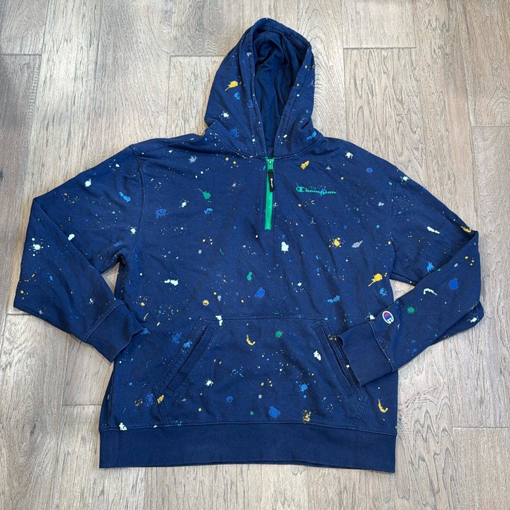 EUC CHAMPION Men's Slim-Fit Global Explorer Quarter-Zip Paint Splatter Hoodie L - Picture 2 of 9